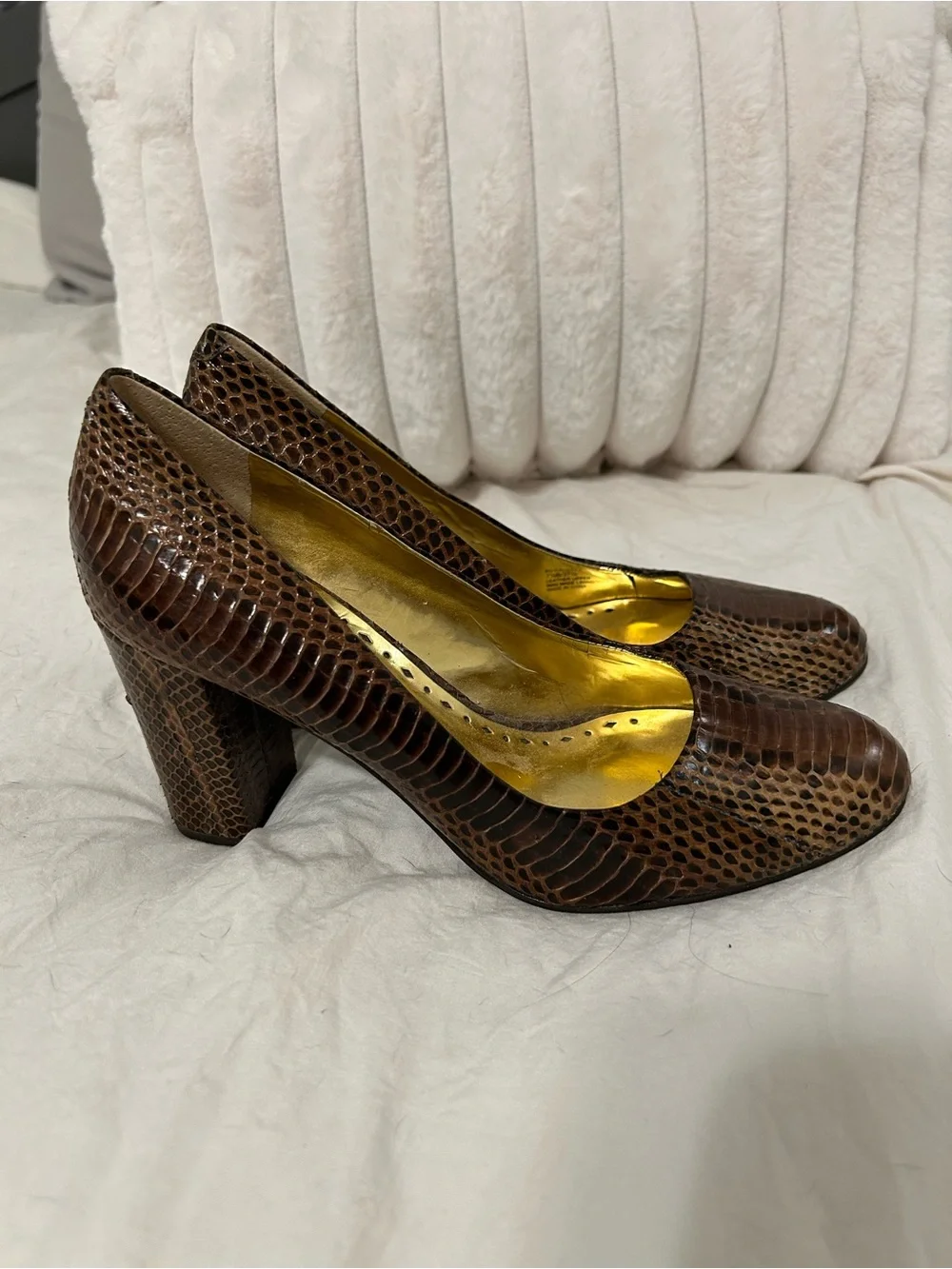 BCBGirls Brown Snake-Print Block Heel Pumps